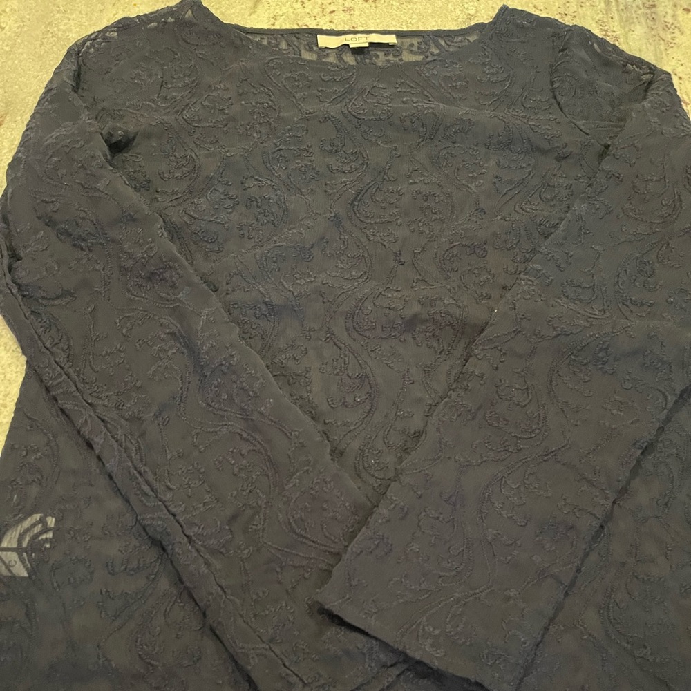 ANN TAYLOR LOFT WOMENS BLOUSE Navy Blue SHEER LONG SLEEVE , XS
